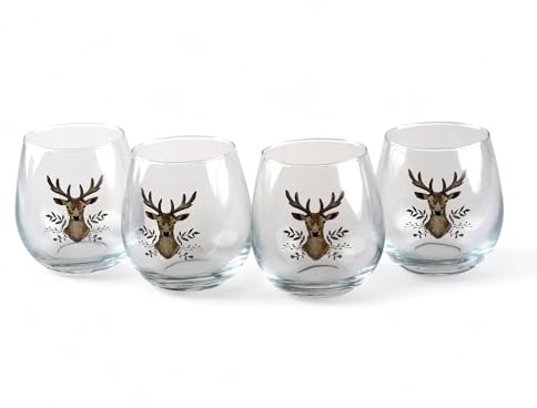 Christmas Glass Tumblers Set Stag Design 450ml Holiday Drinking Glasses 4Pcs