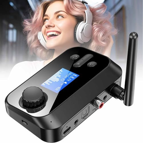 NVYAZJ Adaptateur Audio Bluetooth 5.3, Émetteur Et Récepteur Deux-en-Un avec Écran LCD, Transmission 10 M, Entrée/Sortie AUX Coaxiale/Fibre, Lecture De Carte TF