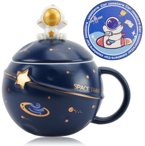 Dewocke Kawaii Astronaut Tasse, Süße Becher Astronaut mit Deckel Löffel und Untersetzer, Kaffeetasse Keramik Kawaii Coffee Mug für Kaffee, Tee, Milch, Raumdekoration, lustiges Geburtstagsgeschenk