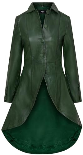 Infinity Leather Damen-Gothic-Ledermantel in Voller Länge, Grün, Viktorianisch, Ausgestellt, Goth-Punk