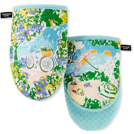 Kate Spade New York Spring Garden - Set di 2 mini guanti da forno, resistenti al calore, 100% cotone, con impugnatura antiscivolo in silicone stampato, blu/verde/beige, 14 x 20 cm