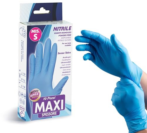 Bottari Guanti in Nitrile Monouso Senza Talco Maxi Spessore, Confezione da 10 Pezzi, Taglia S, Resistenti e Comodi