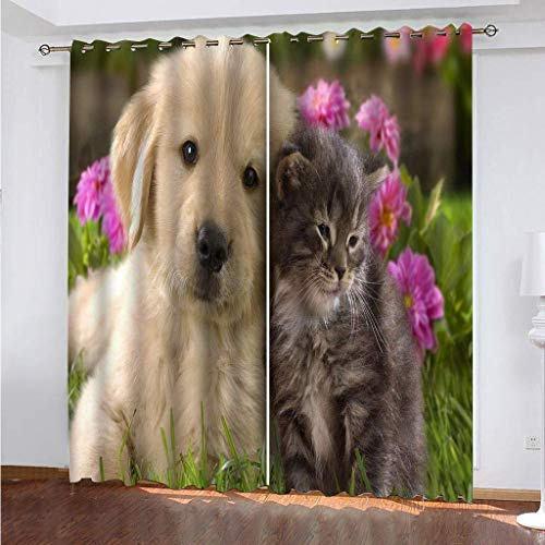 Verdunklungsvorhänge 3D Grastiere, Welpen, Katzen Gardinen Mit Ösen Blickdichte Vorhänge Für Schlafzimmer Wohnzimmer 200x160 Cm Vorhang Kinderzimmer Junge, 2Er Set Gardinen Mit Ösen, Abdunkelnde