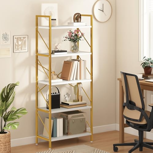 DWVO 5-stöckiges Bücherregal aus Holz und Metall, Aufbewahrungsorganizer, industrielles hohes Regal, Ausstellungsregal für Wohnzimmer, Küche, Schlafzimmer, Gold und Weiß