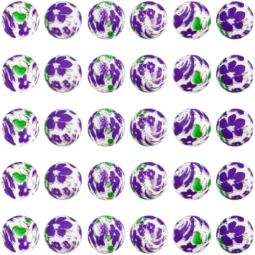 SUNNYCLUE 1 boîte de 30 perles Rondes en Silicone à Imprimé Floral de 15mm Perles en Silicone à Fleurs Violettes Boules en Caoutchouc Souple Espaceurs Amples pour la Fabrication de Bijoux Colliers Bra