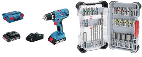 Bosch Professional 18V System Akku Bohrschrauber GSR 18V-21 (max. Drehmoment: 55 Nm, inkl. 2x 2.0Ah Akku, Schnellladegerät) + 35x Extra Hard Schrauberbit‑ und CYL-3 Bohrer-Set (197 x 110,5 mm)