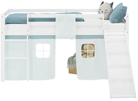 Homestyle4u Lit mezzanine, avec toboggan, sommier à lattes, matelas 90 x 200 cm, blanc, en bois de pin, avec rideau vert menthe, article 2944