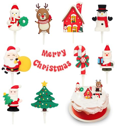 10 Pcs Christmas Cake Decorations, Christmas Cake Decorations with Toppers Santa, Snowman, Elk, Tree, Snowflake, Foam Balls Cakes Decorations for Wedding Birthday Decoration