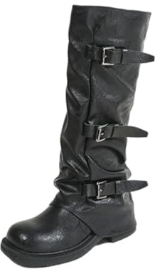 Stivali da Donna con Zip Laterale, Tacco Chunky, Altezza Media al Polpaccio, in Pelle Effetto Consumato, Stile Motociclista per Serate in Discoteca, Viaggi e Outfit da Festival,Nero,38 EU