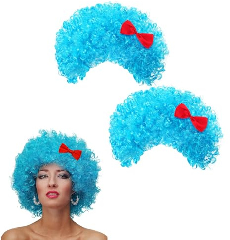 Hellblaue Perücke 2er Set mit rotem Schleifenband, Karnevals Afro Look | 70er 80er Jahre, Rollenspiel Partykostüm, Fasching Clown Disco Mottoparty Accessoires, Erhältlich in zwei Farben