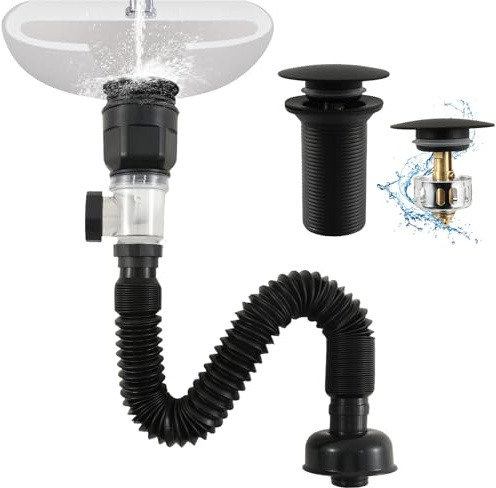 Siphon Waschbecken Kit, Waschbecken Ablaufgarnitur mit Flexibler Ablaufschlauch, Einziehbarem Flexiblem Abflussrohr, Für Bad, WC, Küchenspüle mit Überlauflochle