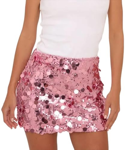 MoKid Ssdwer Women Sparkly Sequin Mini Skirt, Glitter Skirt for Party Club Night Out Pink