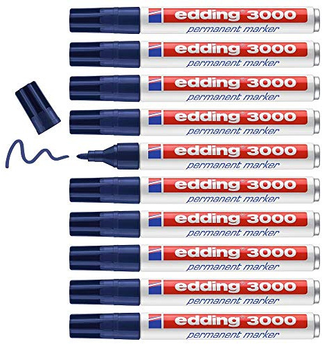 edding 3000 Permanentmarkör – stålblå – 10 pennor – rund spets 1,5–3 mm – snabbtorkande permanent markör – vattentät, torkbeständig – för kartong, plast, trä, metall – universalmarkörer