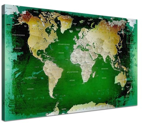 LANA KK Stilvolle Pinnwand Weltkarte - Grün - Deutsch in 100 x 70 cm, stabile Rückwand zum Pinnen inkl. Starterkit - Leinwand-Kunstdruck Wandbild Landkarte XXL