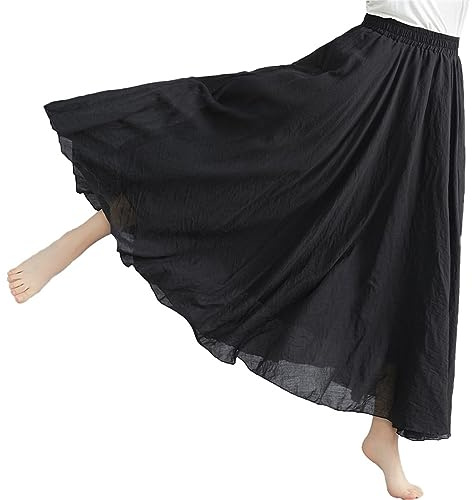 FAIRYRAIN Damen Retro Langrock Elastische Taille Maxirock Baumwolle Leinen Double LayerLeinen Rock Sommerrock (95cm, Rock#8)