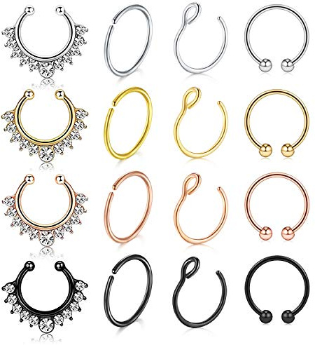 Incaton Fake Septum 4–16 st rostfritt stål falsk näspiercing fakepircings näsa läppar öra ring piercing smycke, Rostfritt stål