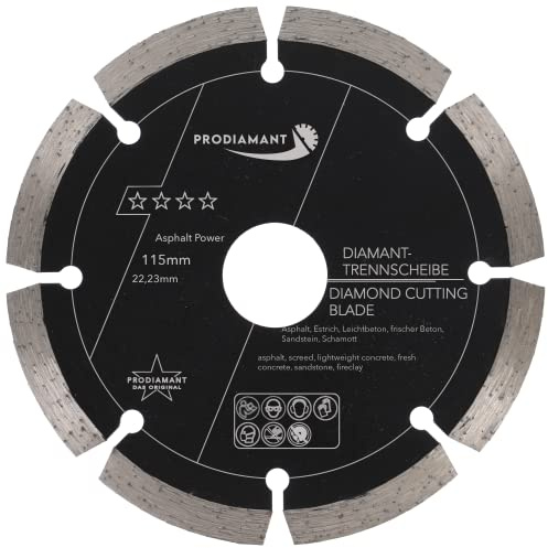 PRODIAMANT Disco da taglio diamantato 115 mm x 22,2 mm abrasivo per asfalto, massetto, calcestruzzo leggero, calcestruzzo fresco, arenaria e argilla refrattaria