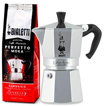 Bialetti Moka Express, Caffettiera in Alluminio da 4 Tazze + Perfetto Moka, Caffè Macinato Gusto Classico da 250 gr