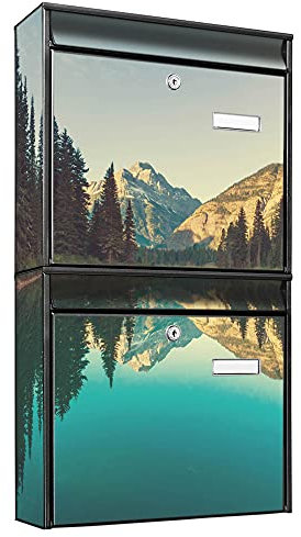 banjado Briefkastenanlage 2 Fach - 2 Briefkästen 36x64x10cm groß - Doppelbriefkasten Set - Namensschild, 2 Schlüssel, Montagematerial - Stahl verzinkt schwarz - Motiv Bergsee