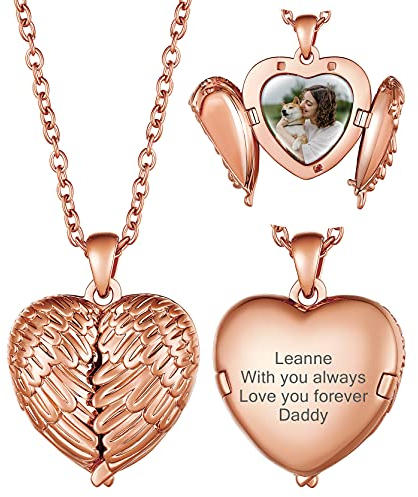 GoldChic Medaillon Kupfer Herz Flügel Anhänger Halskette mit Fotogravur und Textgravur Rosegold 45cm + 5cm Verlängerungskette Medaillon Anhänger für Frauen,Damen,Mädchen