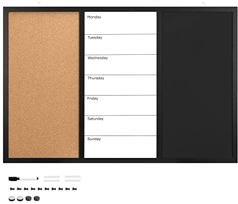 Navaris 3in1 Kombitafel 90x60x1,5cm - Kreidetafel Whiteboard Kork Pinnwand - Memoboard magnetische Seiten Weekly Plan Kreide Pins Magnete