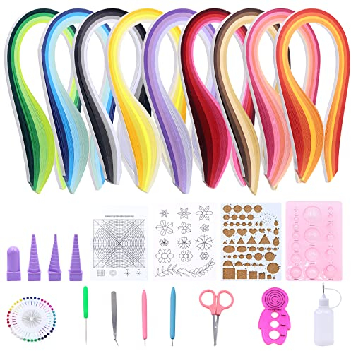 Glarks 916-teiliges Papier-Quilling-Werkzeug-Set, 900 Stück, 5 mm, 45 Farben, Streifen mit Schlitzstift, Curling-Pinzette, Ahle-Form, Perlen-Pinzette, Bump-Styler-Form, koordinierte Einstellung
