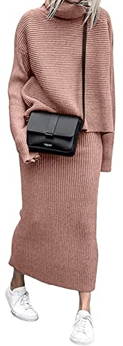 CHARTOU Damen Elegant Gestapelt Wasserfallkragen Rippstrick 2 Stück Bleistift Pullover Rock Sets, Pink, XXL
