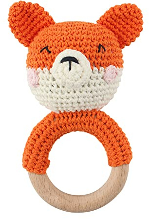 Baby Greifling Rassel Beißring,Tier Gehäkelte Babyrassel Häkeln Holz Greifling Baby Rassel Fuchs Tiger Löwe Hase Baby Montessori Babyspielzeug für Neugeborenes Baby Junge Mädchen Geschenk zur Geburt