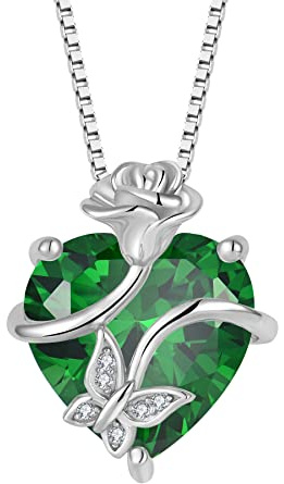 FJ Herz Geburtsstein Kette Damen 925 Sterling Silber Schmetterling Kette Anhänger mit Rose Blume Schmuck Geschenke für Frauen Mutter Freundin Mama