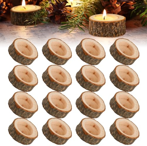 ZEFAN 16 Stück Holz Teelichthalter Rund Natur Teelichthalter Tischdeko für Hochzeiten Home Deko Geburtstag Weihnachtsfeier
