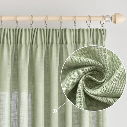EMEMA Gardinen Vorhänge Leinenvorhang mit Kräuselband Voile Vorhang Leinenoptik Modern Halbtransparent für Wohnzimmer Dekoschal Küchengardinen Schlaufenschal Schlafzimmer Grün 140 x 145 cm
