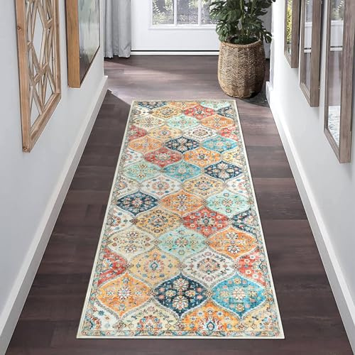 ROYHOME Runner Rug Washable Moroccan Trellis Hallway Runner Rug Entryway Rug, Stain Resistant Non-Slip Vintage Distressed Bedroom Rug Runner Entrance Carpet for Laundry Kitchen, Cream, 2' x 6'
