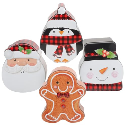 ibasenice 4pcs Christmas Tinplate Boxes Candy Biscuit Treat Storage Adorable Snowman Penguin Gingerbread Man Santa Designs for Holidays Weddings Birthdays Parties