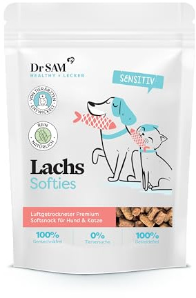 Dr. SAM Premium Snacks für Katzen - Lachs Softies mit frischem Lachs und Kartoffeln - Getreidefreie & softe Katzenleckerlis für Sensible Katzen - Monoprotein Snacks - Treat for Cats - 120g