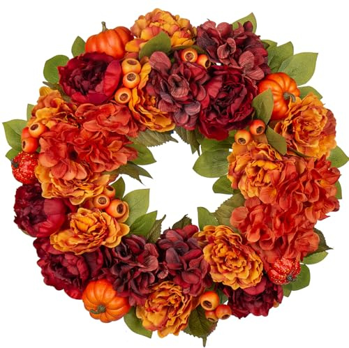 61 cm Künstlich Herbstkranz mit Pfingstrose, Hortensie und Herbst Kürbis, Kunstkranz Künstlich Türkranz für Halloween, Thanksgiving-Kranz-Ideen für Ihre Haustür, Innen-und Außendekoration