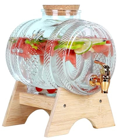 Dispenser di Acqua In Vetro con Supporto per Rubinetto, 1 3 5L Dispenser di Bevande a Prova di Perdite Al 100% Barattoli di Vetro Trasparente Tappi In Legno Dispenser di Bevande Bottiglie di Vetro 5L