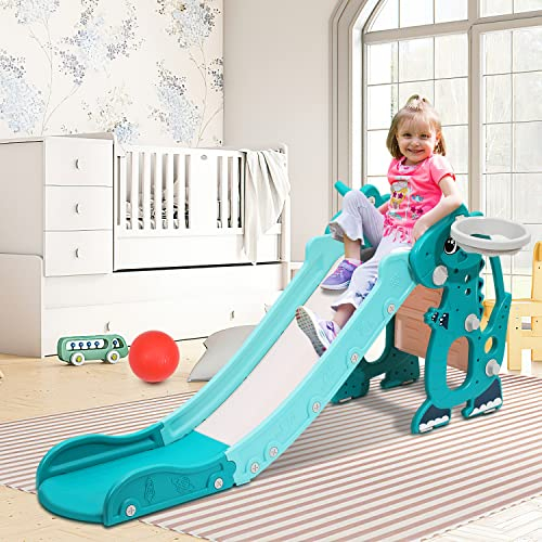 Fiqops Scivolo per bambini, pieghevole 4 in 1, per bambini, con cestino da basket, scivolo per interni da 1 anno a 3 anni, scivolo per interni ed esterni, 145 x 38 x 67 cm, fino a 35 kg, verde