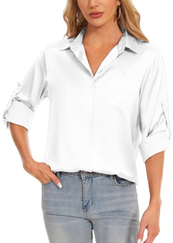 Atxnn Satin Bluse Damen Elegant Hemd 3/4 Ärmel Longbluse Seide Oberteile Business Lässig Tops Frühling Herbst Shirt mit Knopf