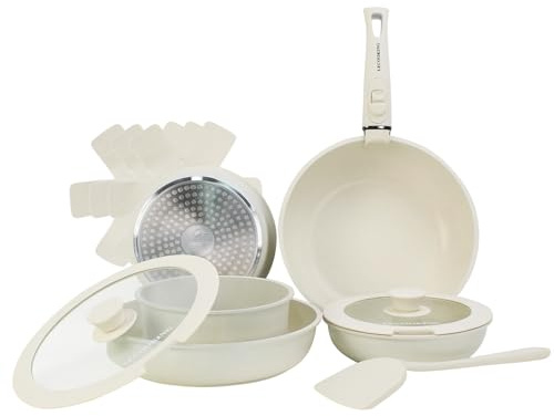 LECOOKING 11 PCS Pots and Pans Set, Cookware set with removable Handles, Dishwasher and oven Safe, Detachable Cooking Set, Induction and Gas Stove kitch set, White