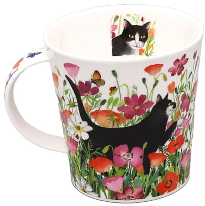 Dunoon Caingorm Tasse aus feinem Knochenporzellan, Katzen-Motiv, 0,48 l, Schwarz und Weiß