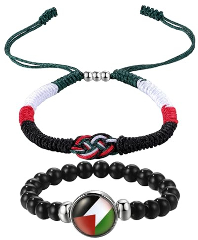 Flongo Palästinensische Flagge Freiheit Armband: 2pcs Verstellbares geflochtenes Armreif Bohe Perlen Stretch Elastisch Armkette Endlos National Stolz Schutz Glücks Freiheit Armkette für Damen Herren