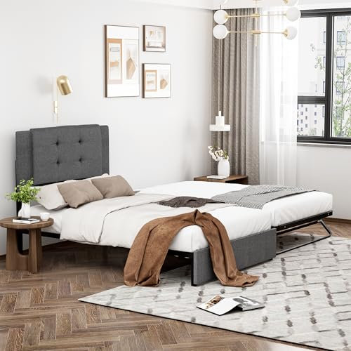 Azkoeesy Polsterbett 90 x 200 cm, mit Ausziehbett und klappbaren Metallbeinen, Jugendbett, Gästebett, Doppelbett, 90 x 200 cm, 90 x 190 cm, Leinen-Bezug, Grau