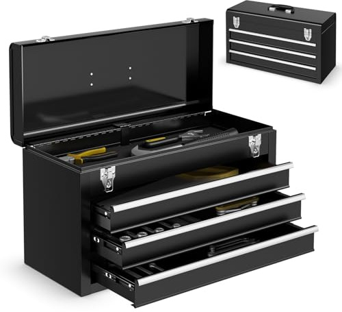 GOPLUS Boîte à outils Portable en Métal, 3 Troirs à Roulement à Billes, Plateau Supérieur, Poignée, Double Loquet, Doublures de Tiroir, pour Maison, Entrepôt, Atelier Industriel,Chantiers (Noir)