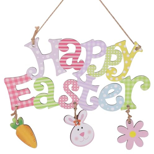 Easter Door Hanging Decor, Easter Wreaths for Front Door Cute Flower Bunny Pendant Happy Easter Wooden Sign Holiday Plaque Ornament Decor for Home Porch Wall Room Farmhouse Decoration