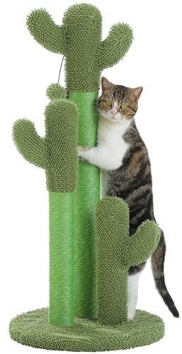 PAWZ Road Katzenkratzbaum 89 cm, hoher Kratzbaum mit natürlichen Sisal-Kratzsäulen und hängenden Katzenspielbällen für große Katzen, Grün