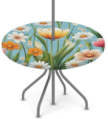 Woltant Nappe ronde avec trou de parasol et fermeture éclair facile à nettoyer avec bords élastiques - Protection de table d'extérieur pour jardin, terrasse, barbecue - Motif fleurs printanières