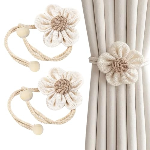 2 Pezzi Fermatenda per Tende, Eleganti Ferma Tende, Graziosi Fermatende Styling Floreale, semplicità Fermi per Tendaggi,calamite per tende,Calamite per Tende per Casa e Ufficio,separare Fiori (Beige)