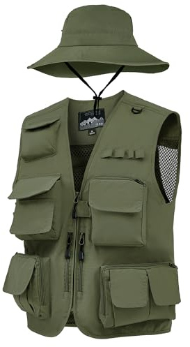Shihanee 2 Pcs Men's Fishing Vest Sun Hat Multi Pocket Safari Vest for Outdoor Hiking Summer Travel(XL,Army Green)