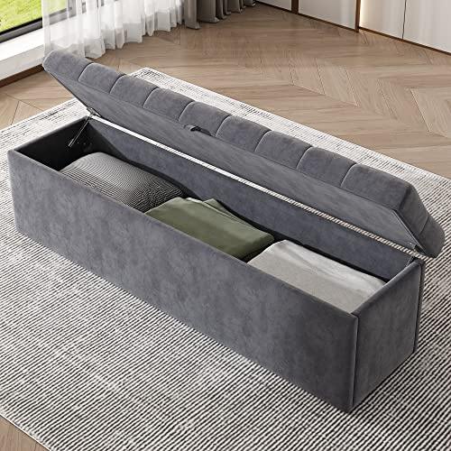 RIAZOS Polsterbank mit Stauraum, Samt Aufbewahrungsbox, Fußhocker Betthocker Sitzbank für Flur, Wohnzimmer, Schlafzimmer, 138 x 41 x 42 cm, Grau