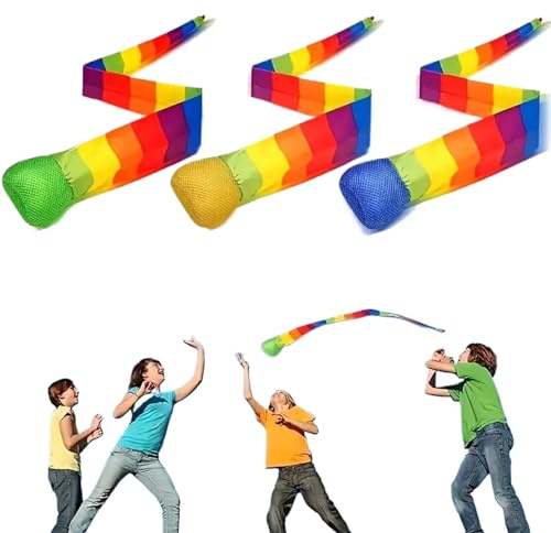 Qkbuza Regenbogen Ball,3 Stück Schweifbälle mit Regenbogenfarben - Fangspiel mit Wurffunktion für Kinder und Erwachsene drinnen draußen Spielplatz Garten Schule